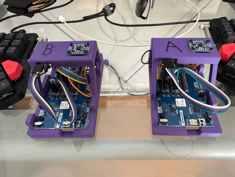 Prototype devices consisting of an NRF54L15 devboard, an IMU, and a UWB chip.