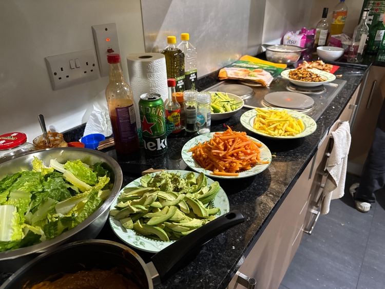 A spread of ingredients for summer rolls