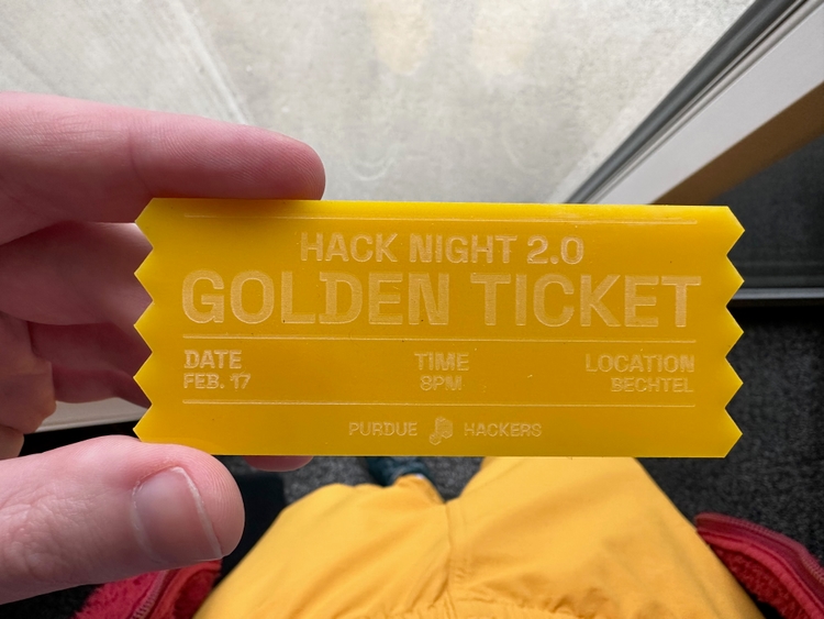 A gold badge showing "Hack Night 2.0 Golden Ticket" along with date/time/location info.