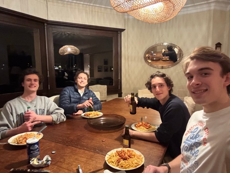 Mo, Ryan, Tom, and I at dinner eating spaghetti
