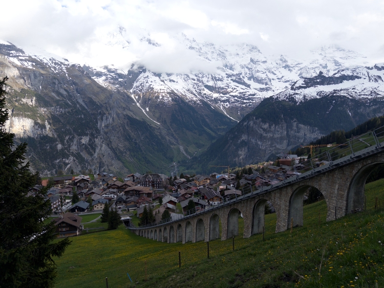 A view of the town of Mürren from above