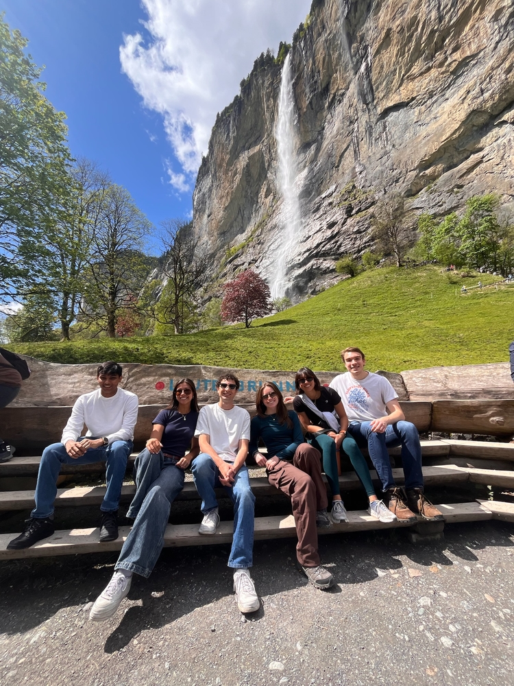 Aditya, Kate, Adam, Avery, Nadia, and I in front of a waterfall