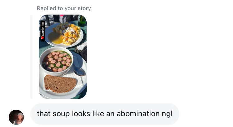 Christina commenting on my soup, saying "[it] looks like an abomination ngl"