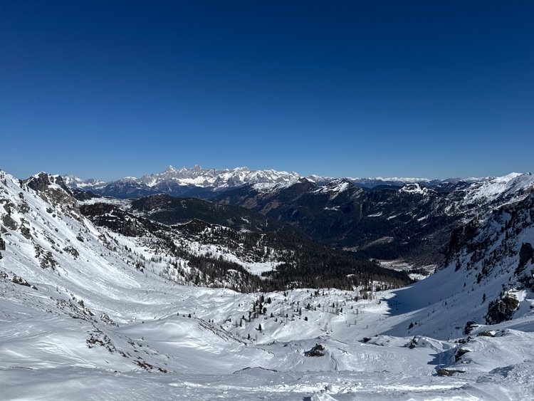 A green valley surrounded by snowcapped mountains