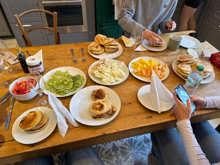 Pam's brunch spread consisting of fruits and pancakes, laid out in the color scheme of the Irish flag